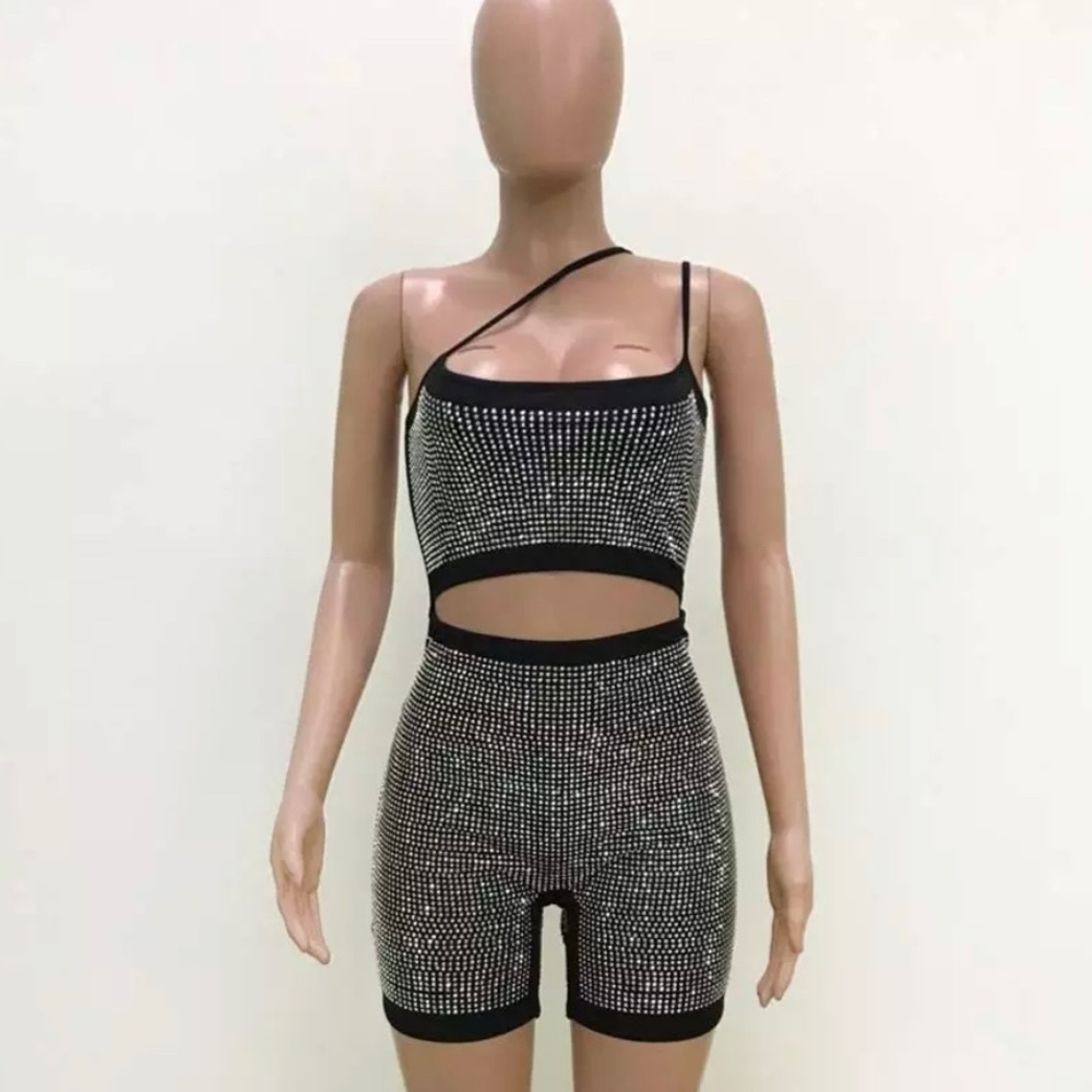 Cutout biker short riveted shiny romper